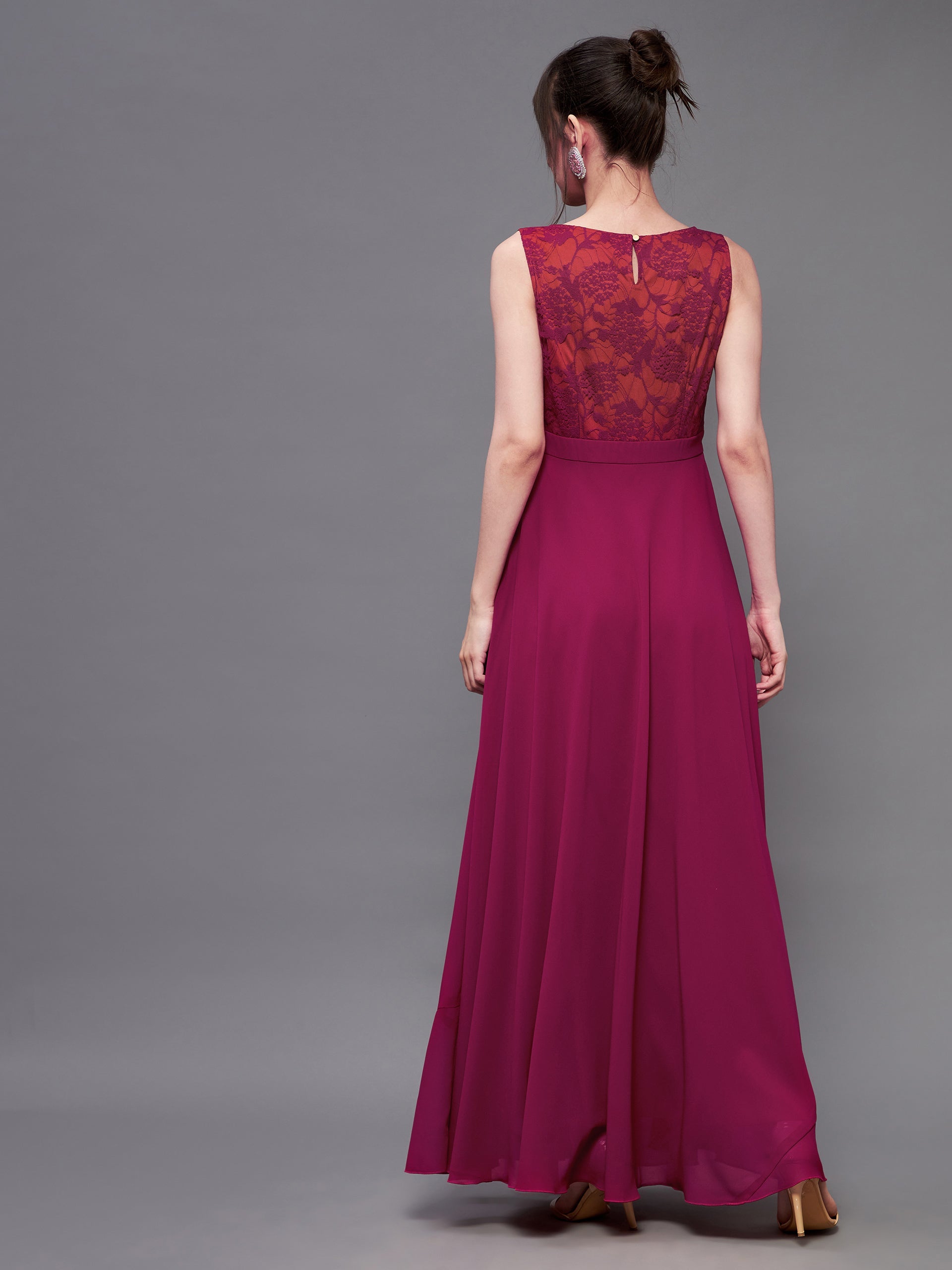 Dark Pink & Rust Sleeveless Fit and Flare Lace Dress for Women