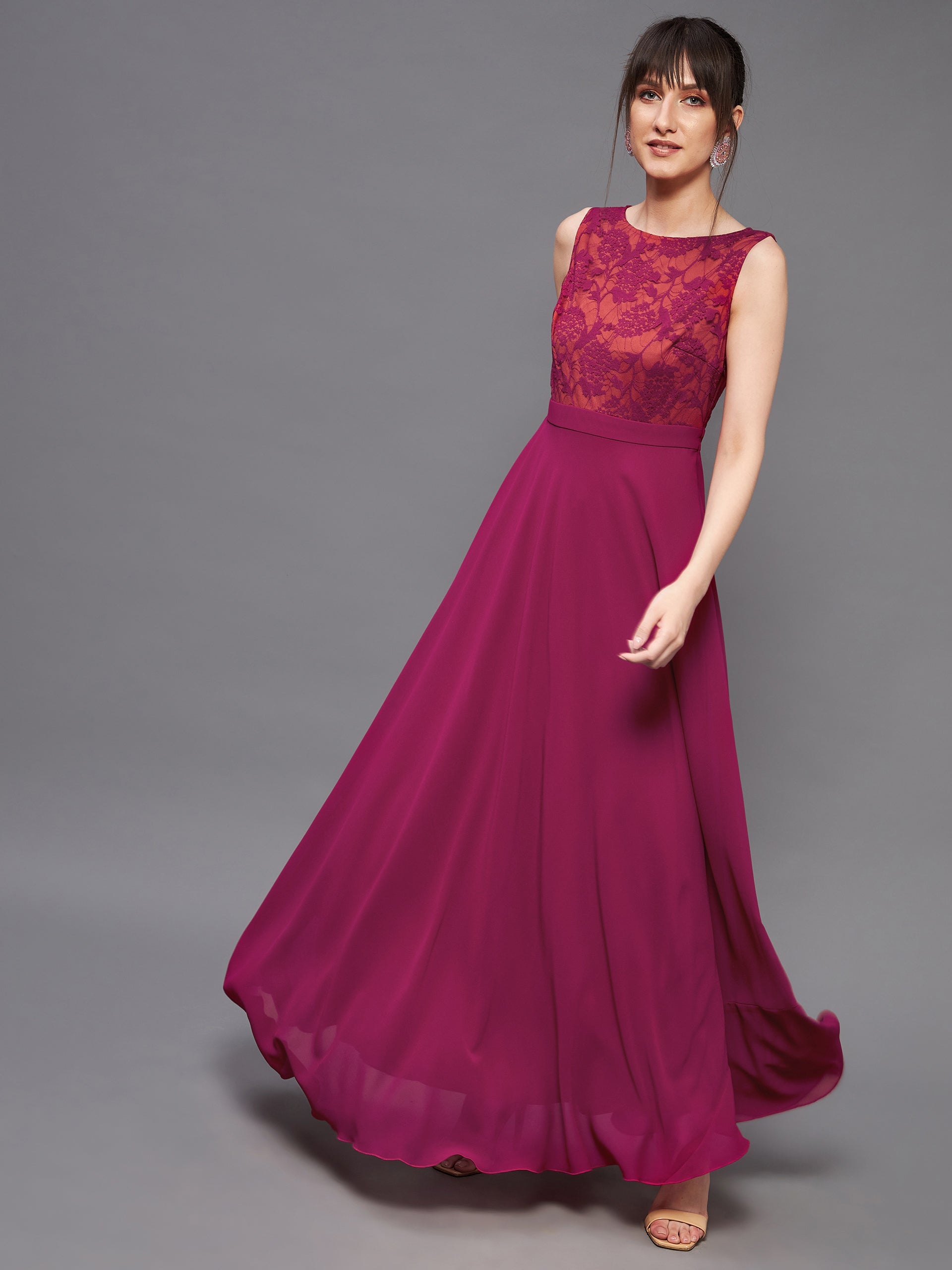 Dark Pink & Rust Sleeveless Fit and Flare Lace Dress for Women