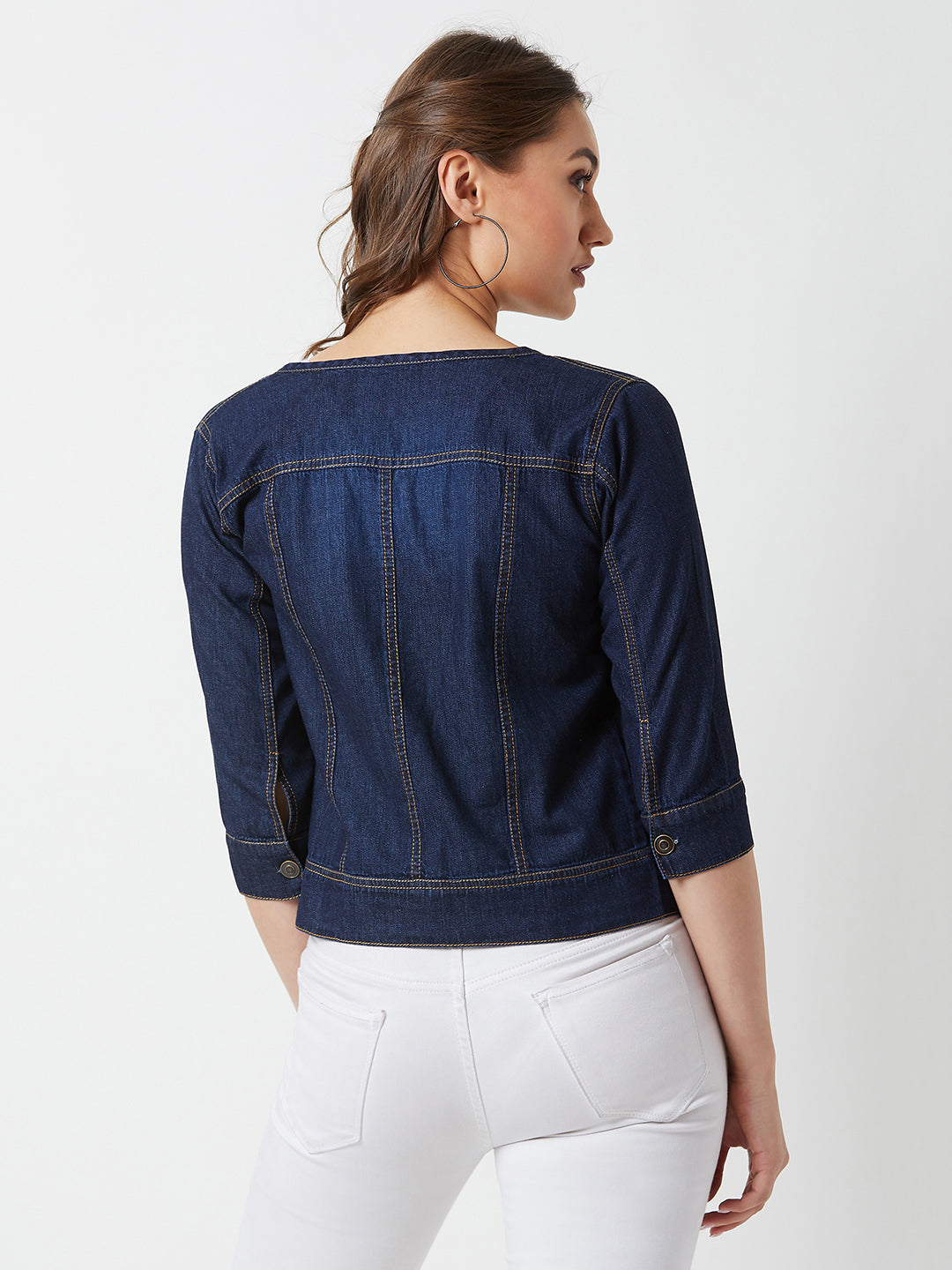 Women's Navy Round Neck 3/4 Sleeves Denim Solid Cropped Jacket