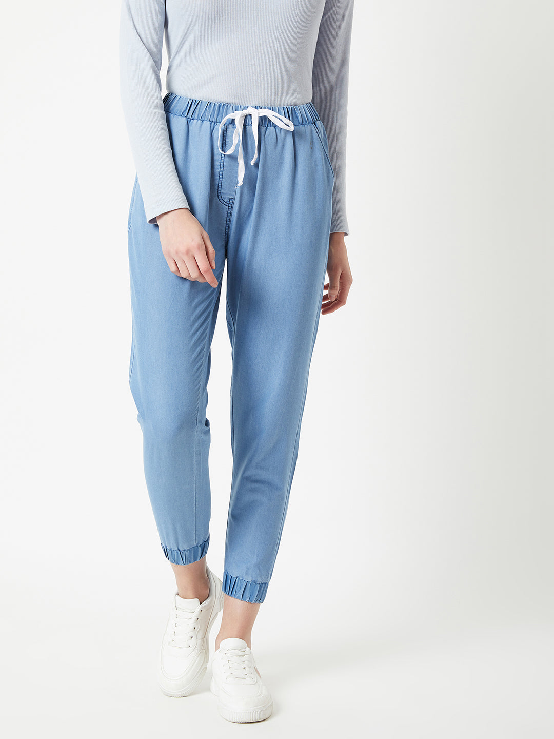 Women's L Blue Regular Length Mid Rise Clean-Look Regular Fit Denim Joggers