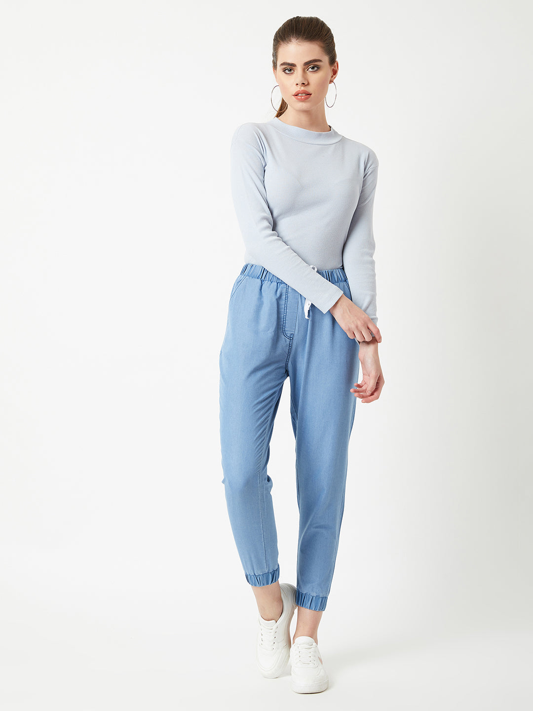 Women's L Blue Regular Length Mid Rise Clean-Look Regular Fit Denim Joggers