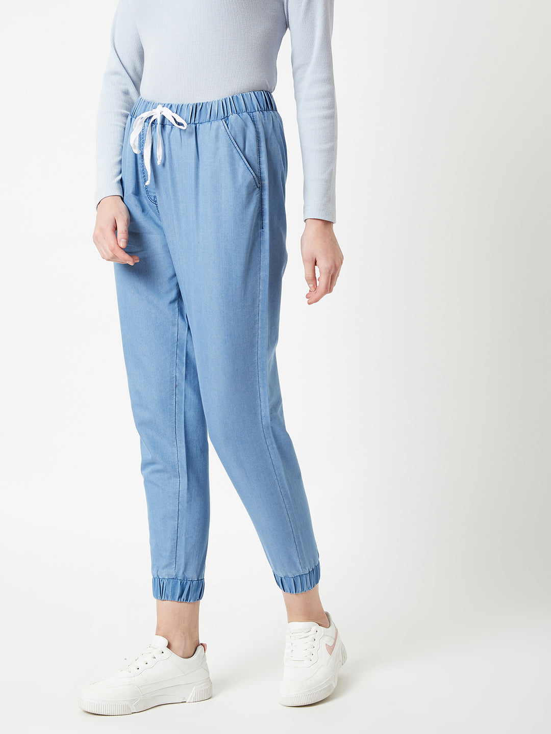 Women's L Blue Regular Length Mid Rise Clean-Look Regular Fit Denim Joggers