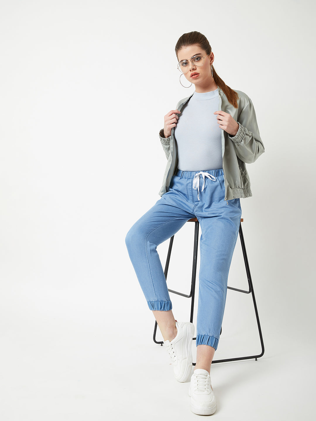Women's L Blue Regular Length Mid Rise Clean-Look Regular Fit Denim Joggers
