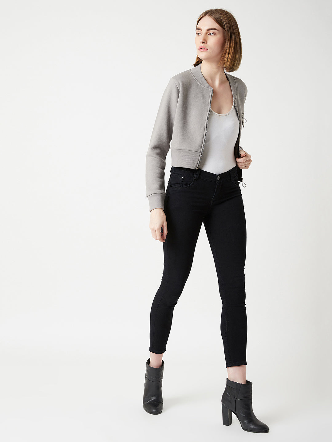 Women's Grey Stand Collar Full Sleeves Cotton Boxy/Bomber Cropped Jacket