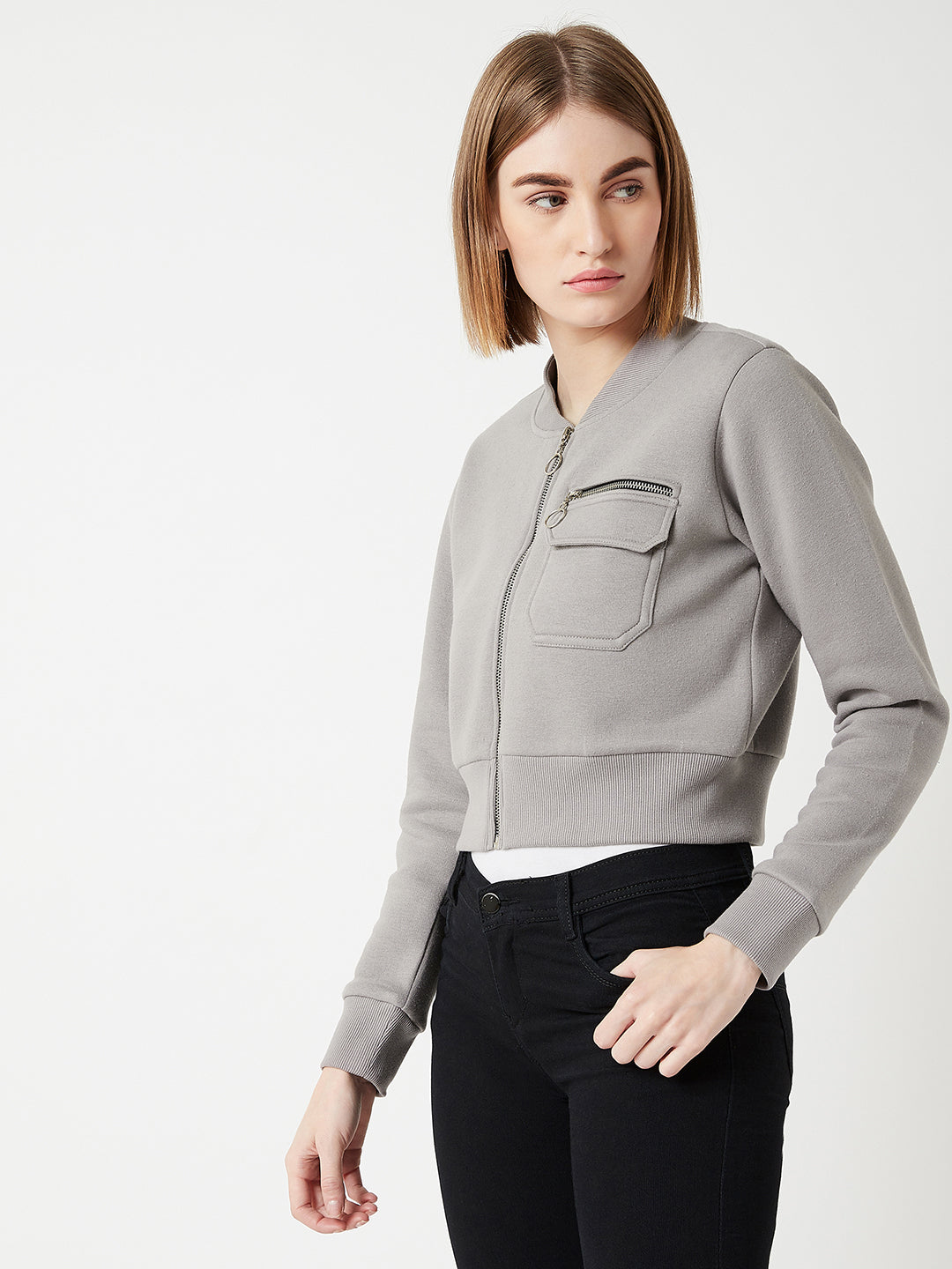 Women's Grey Stand Collar Full Sleeves Cotton Boxy/Bomber Cropped Jacket