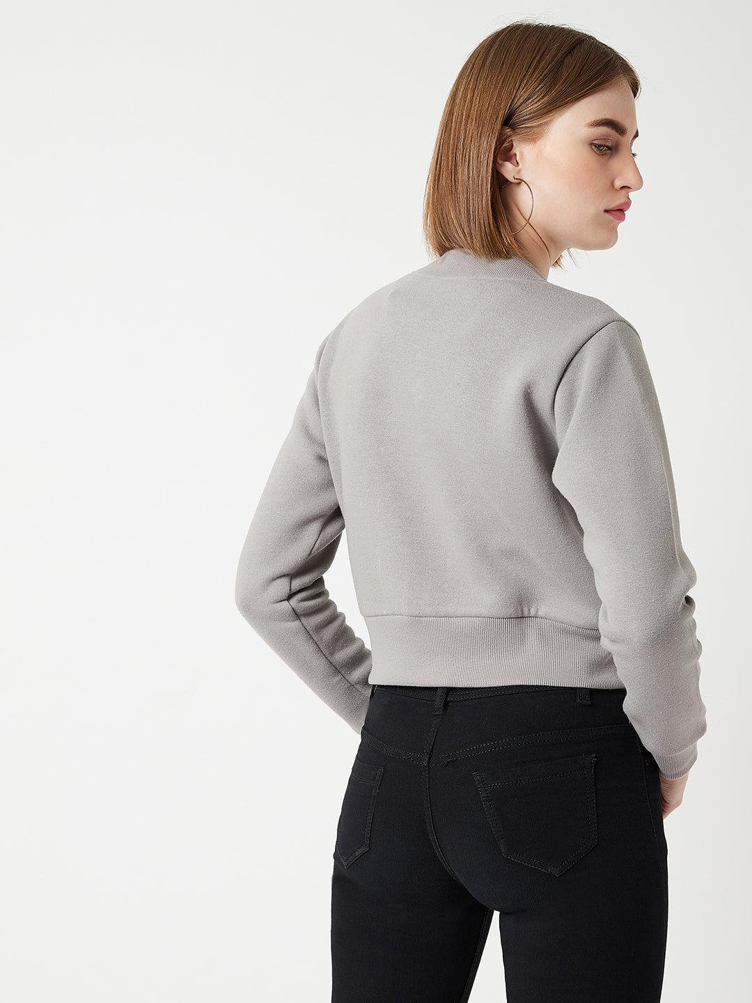 Women's Grey Stand Collar Full Sleeves Cotton Boxy/Bomber Cropped Jacket