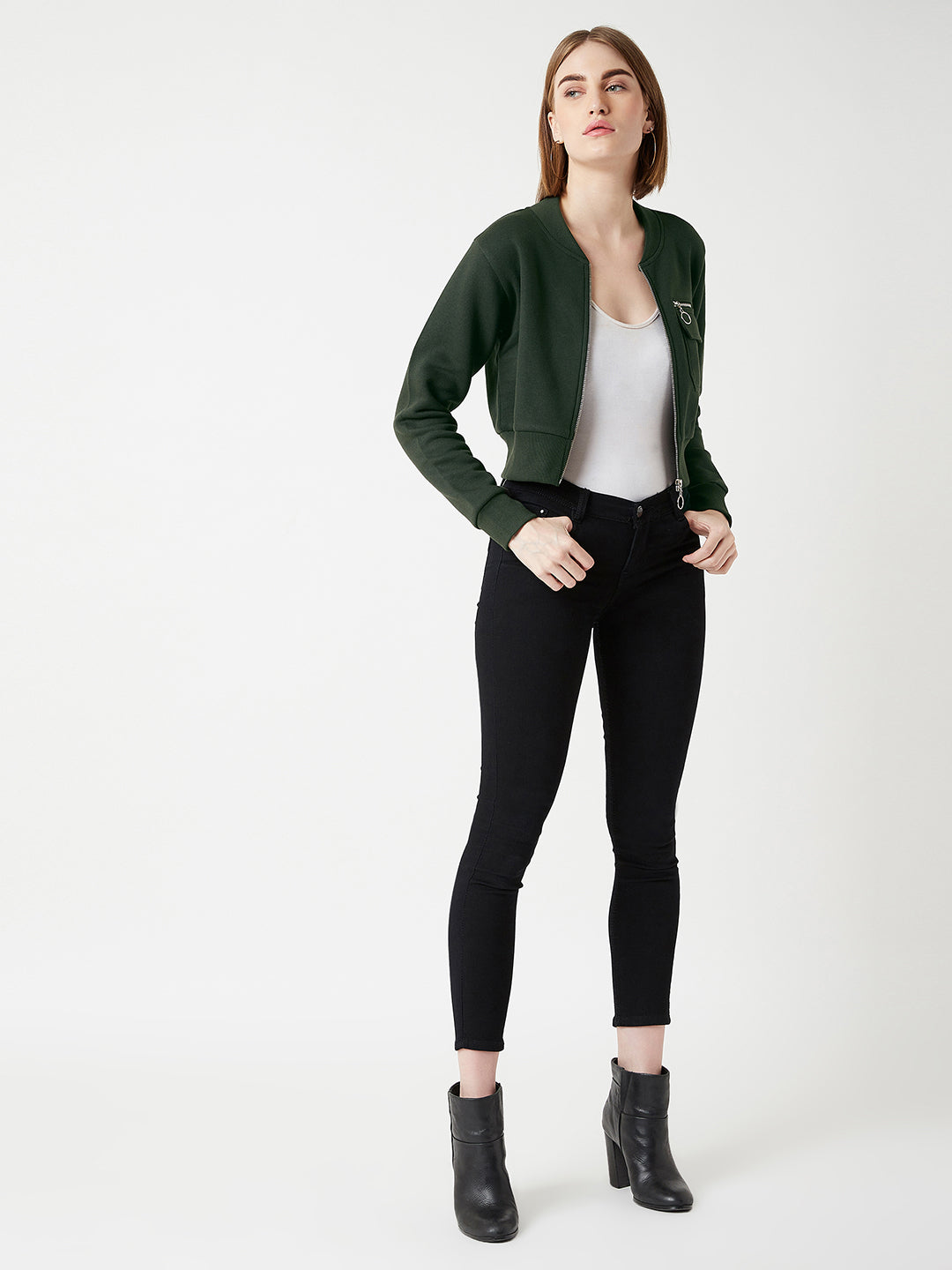 Women's Green Stand Collar Full Sleeves Cotton Boxy/Bomber Cropped Jacket