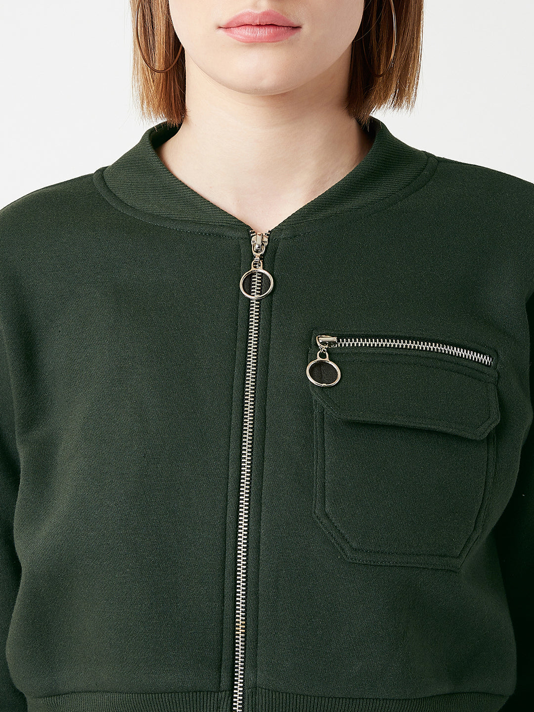 Women's Green Stand Collar Full Sleeves Cotton Boxy/Bomber Cropped Jacket