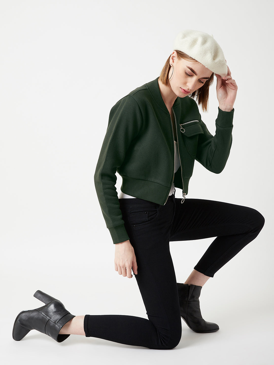 Women's Green Stand Collar Full Sleeves Cotton Boxy/Bomber Cropped Jacket