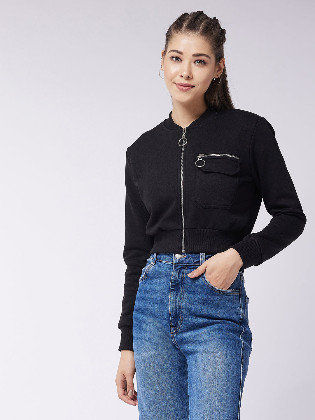 Women's Black Stand Collar Full Sleeve Solid Boxy/Bomber Crop Jacket