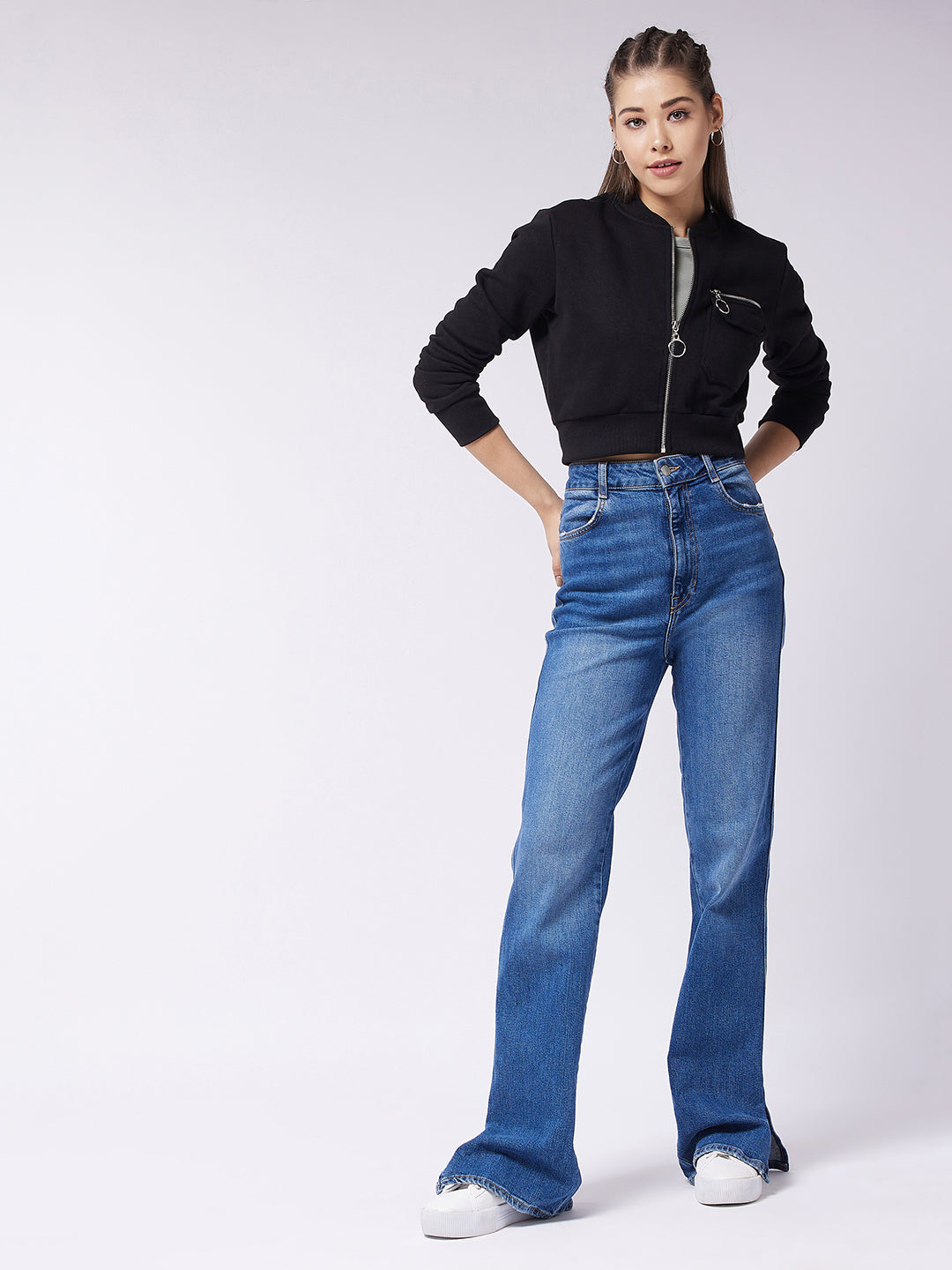 Women's Black Stand Collar Full Sleeve Solid Boxy/Bomber Crop Jacket