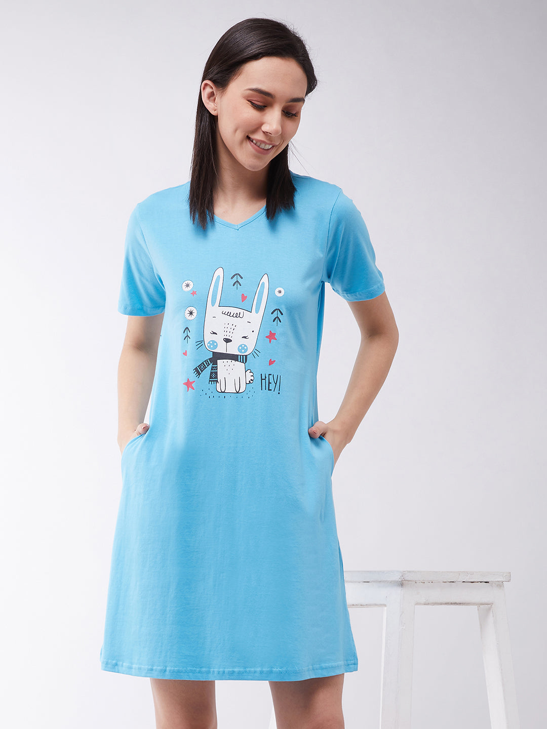 Women's Blue Round Neck Short Sleeves Printed Regular length Dress