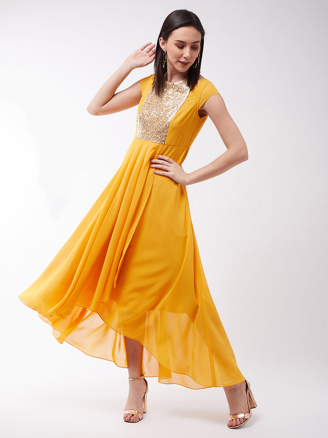 Women's Mustard Round neck Cap Sleeve Solid Embellished Maxi Dress