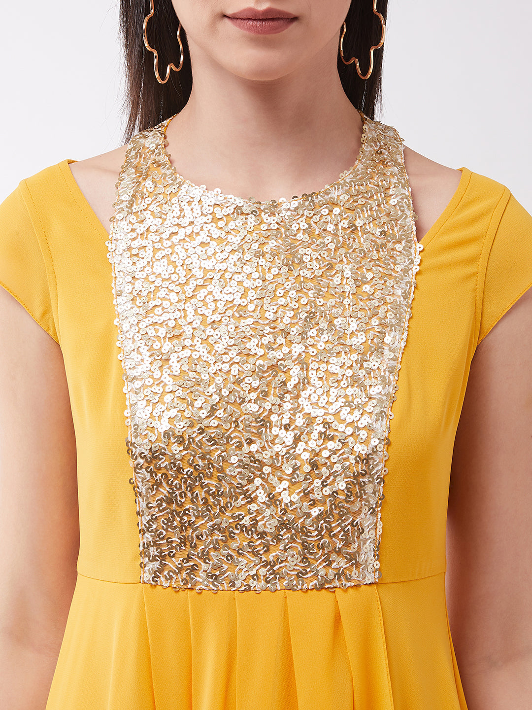 Women's Mustard Round neck Cap Sleeve Solid Embellished Maxi Dress
