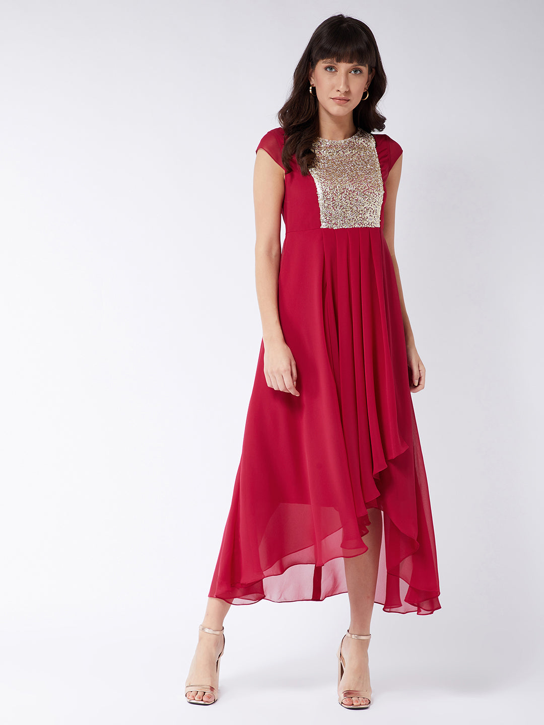 Women's Dark Pink Round neck Cap Sleeve Sequined Party Maxi Dress