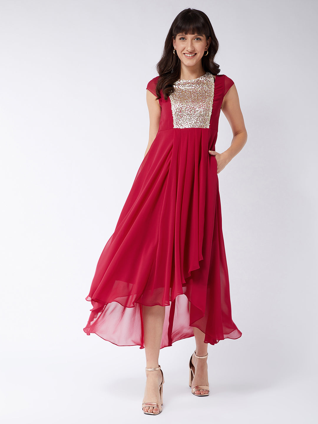 Women's Dark Pink Round neck Cap Sleeve Sequined Party Maxi Dress