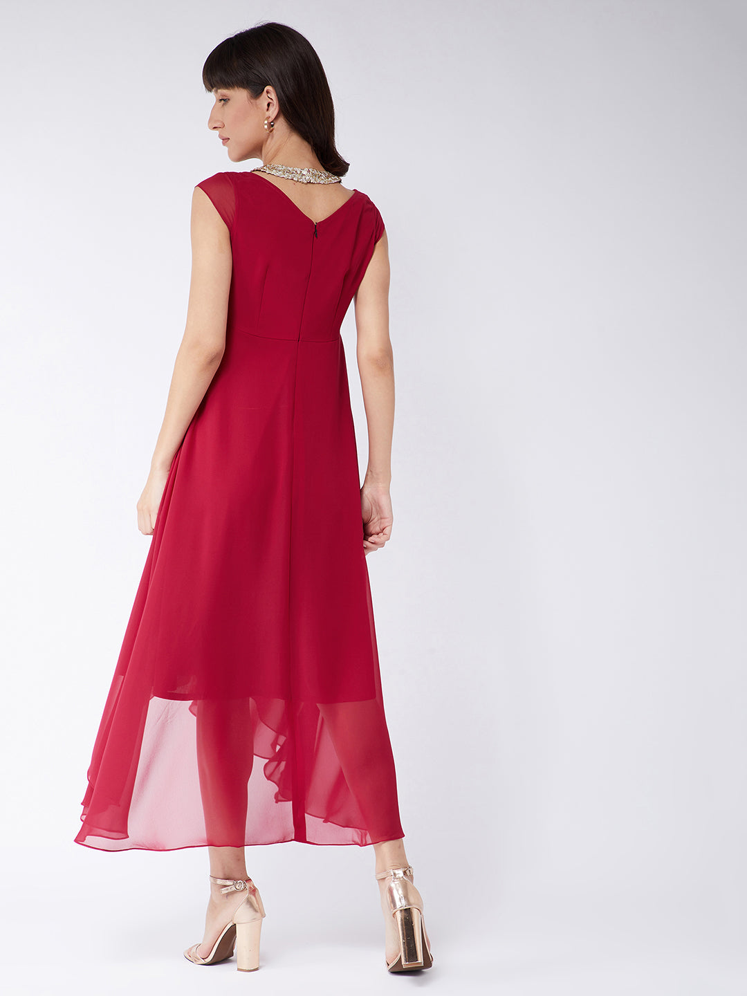 Dark Pink Cap Sleeves Sequinned Gown