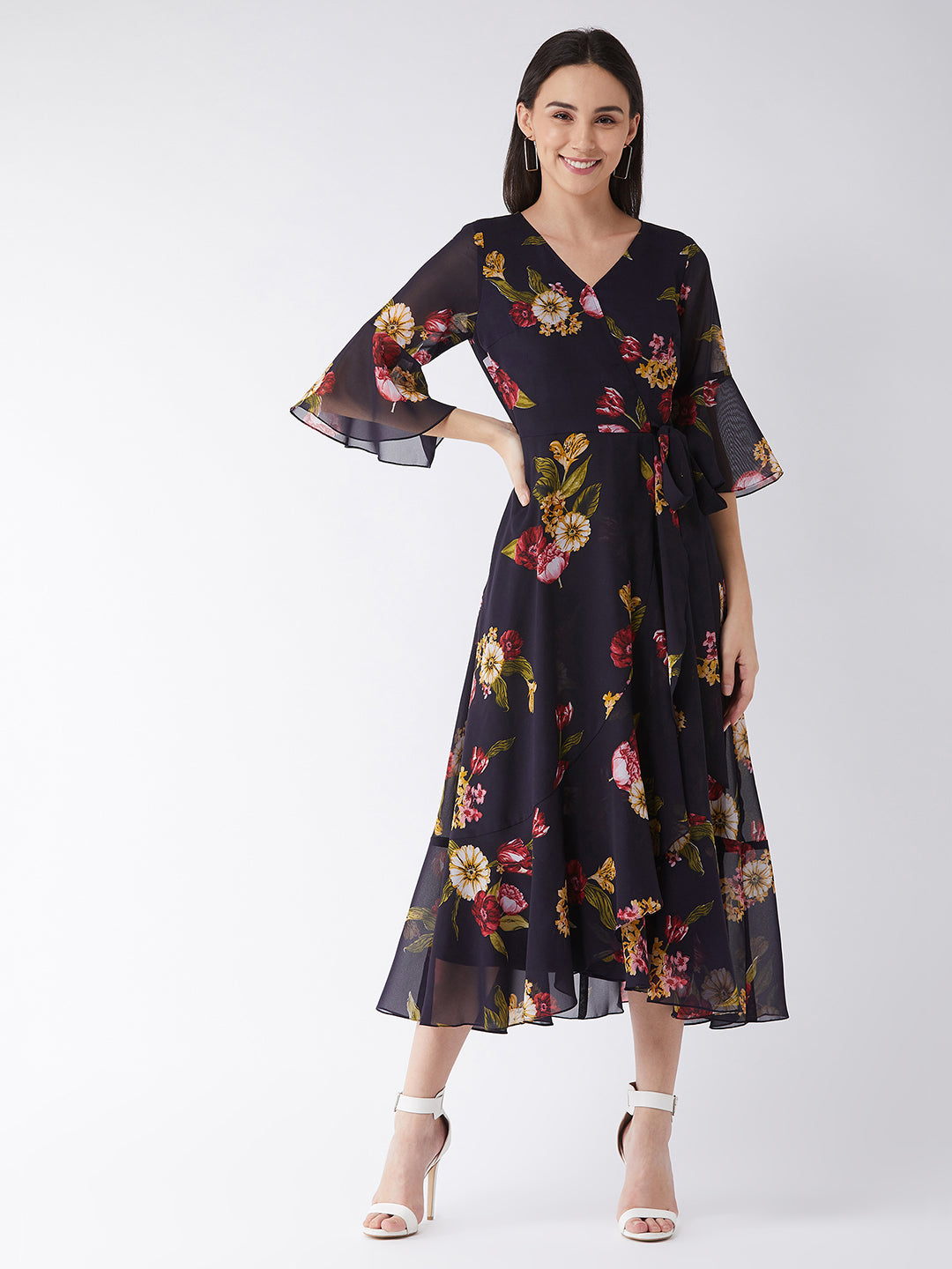 Black Floral Printed Bell Sleeves Maxi Dress Long Dress Frock for Women