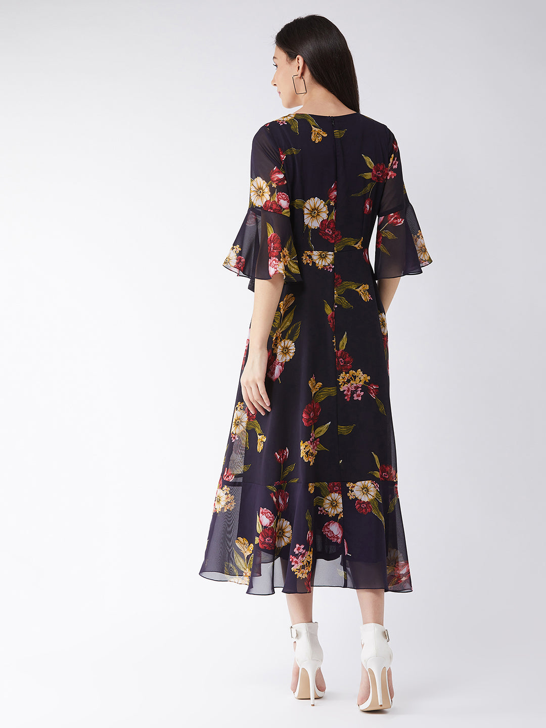 Black Floral Printed Bell Sleeves Maxi Dress Long Dress Frock for Women