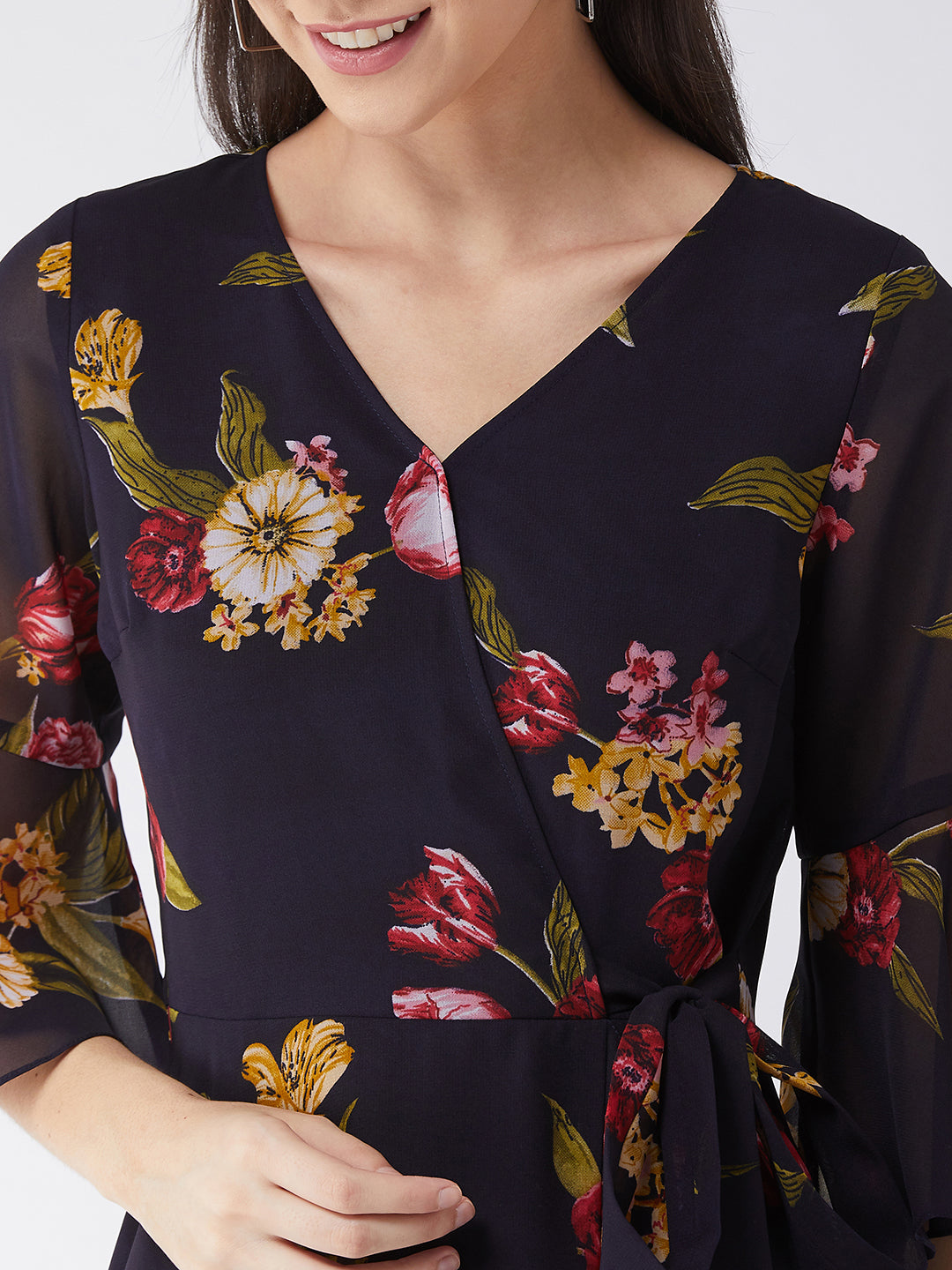 Black Floral Printed Bell Sleeves Maxi Dress Long Dress Gown Frock for Women | The Summer Holiday Story