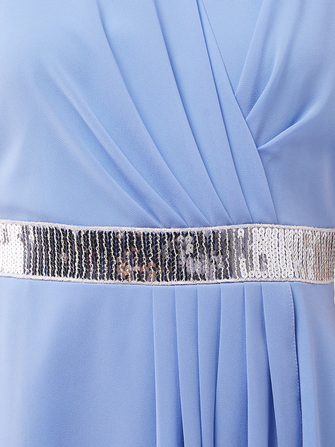 Women's Powder Blue V-Neck Ruffled Sleeve Silver Sequined Party Maxi Dress