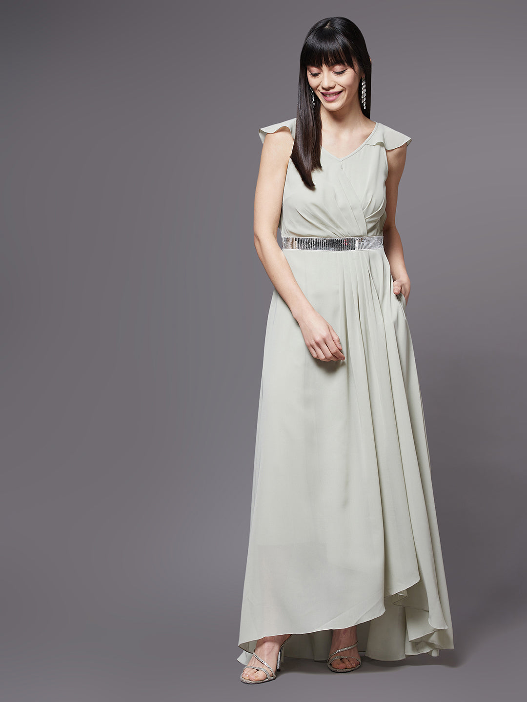 Women's Dusty Green V-Neck Ruffled Sleeve Silver Sequined Party Maxi Dress