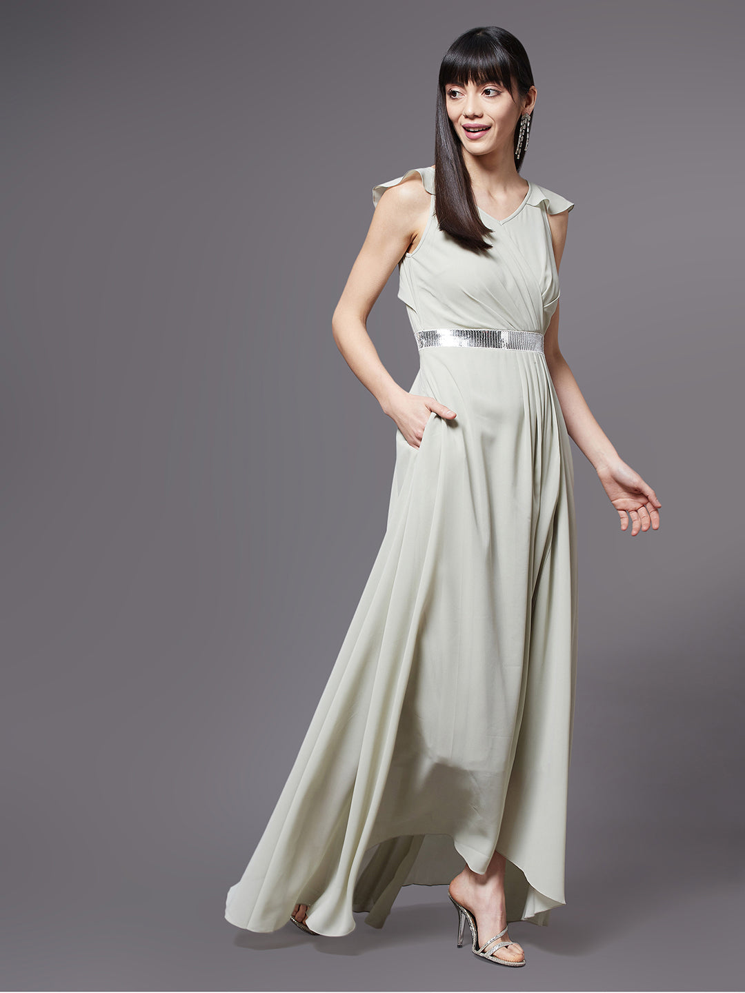 Women's Dusty Green V-Neck Ruffled Sleeve Silver Sequined Party Maxi Dress