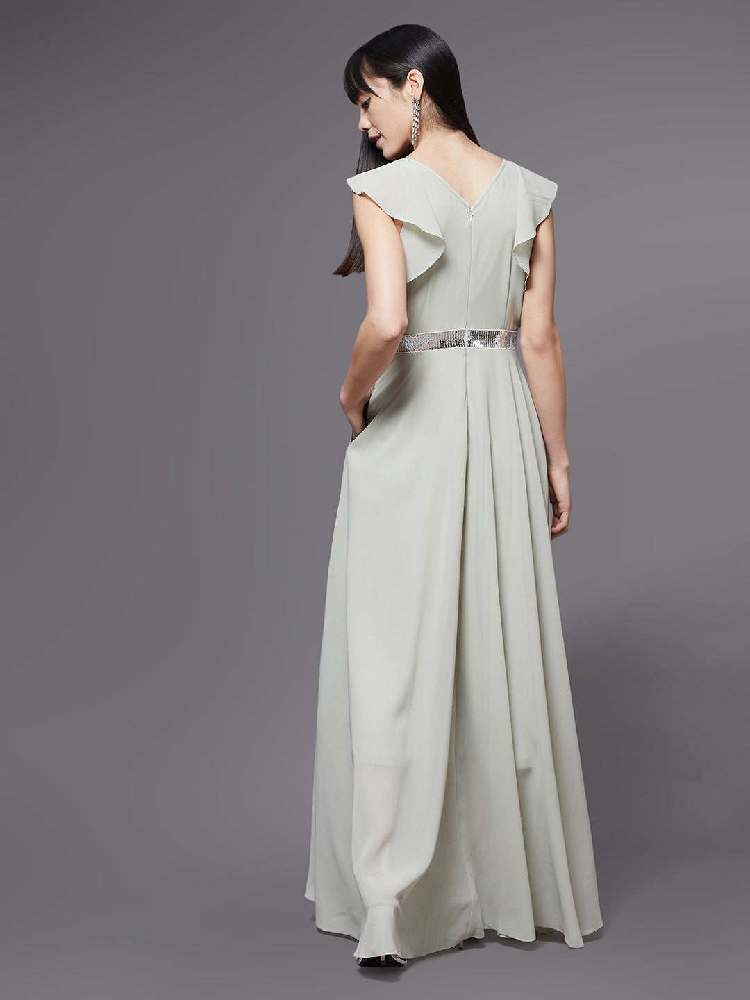 Dusty Green Solid Fit and Flare Maxi Dress Long Dress Frock with Silver Sequinned Belt