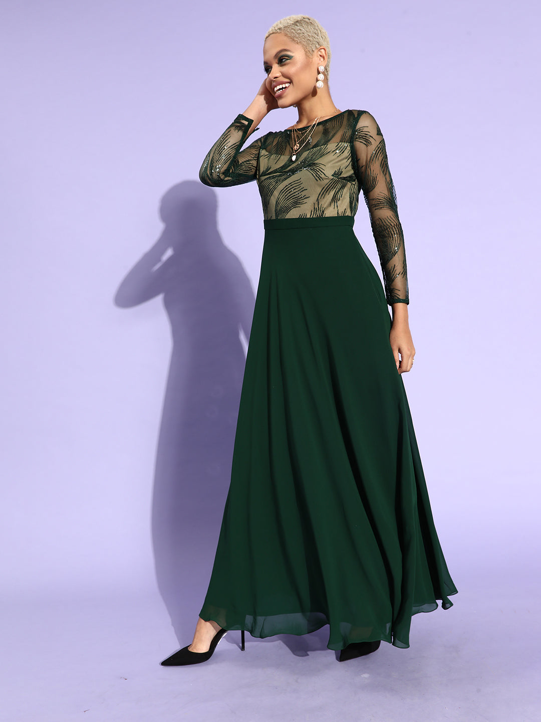 Women's Green & Beige Solid Embellished Maxi Dress