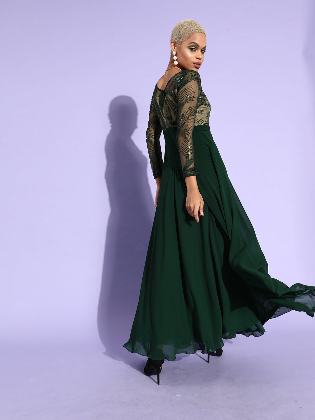 Women's Green & Beige Solid Embellished Maxi Dress
