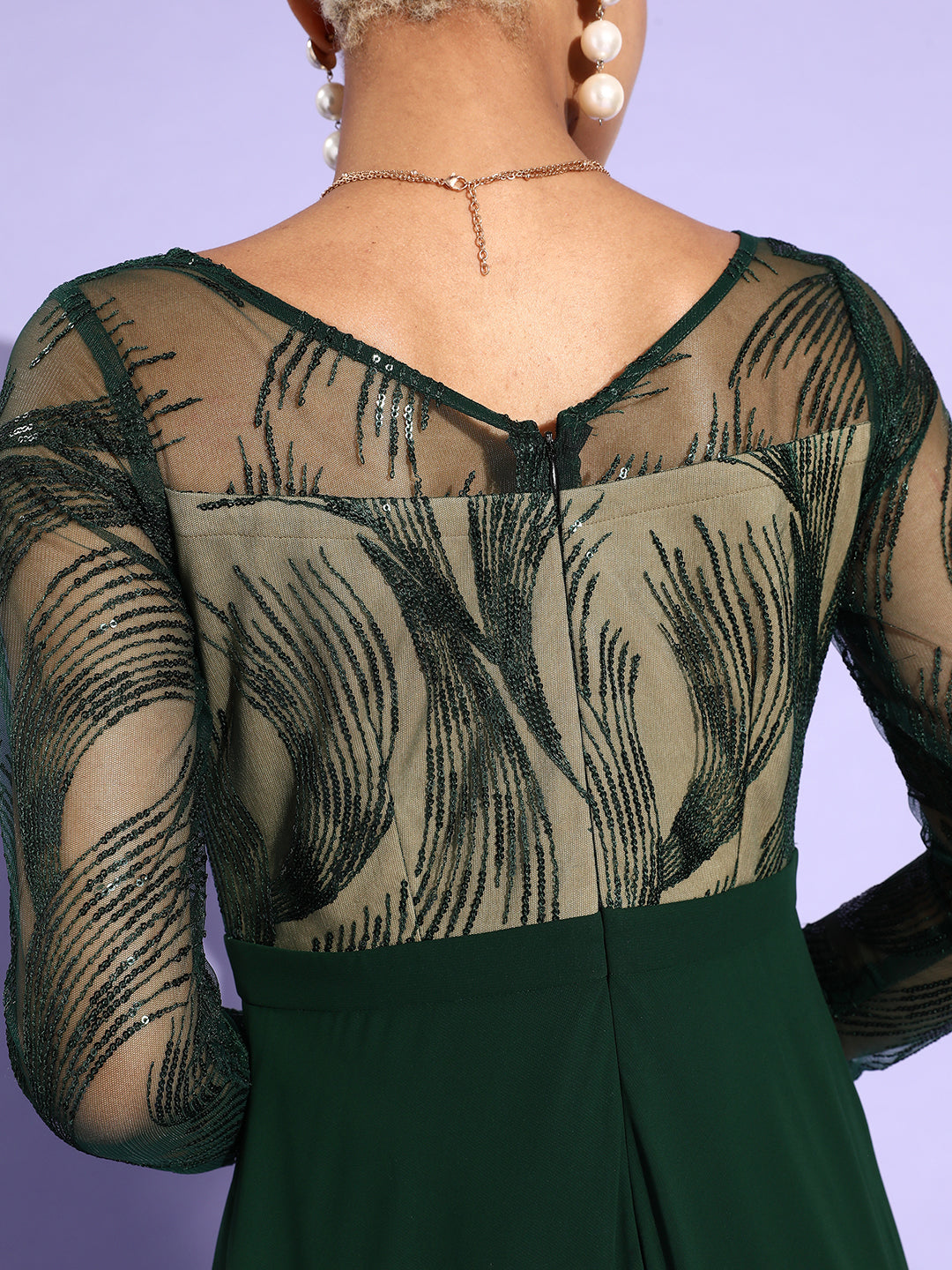 Women's Green & Beige Solid Embellished Maxi Dress