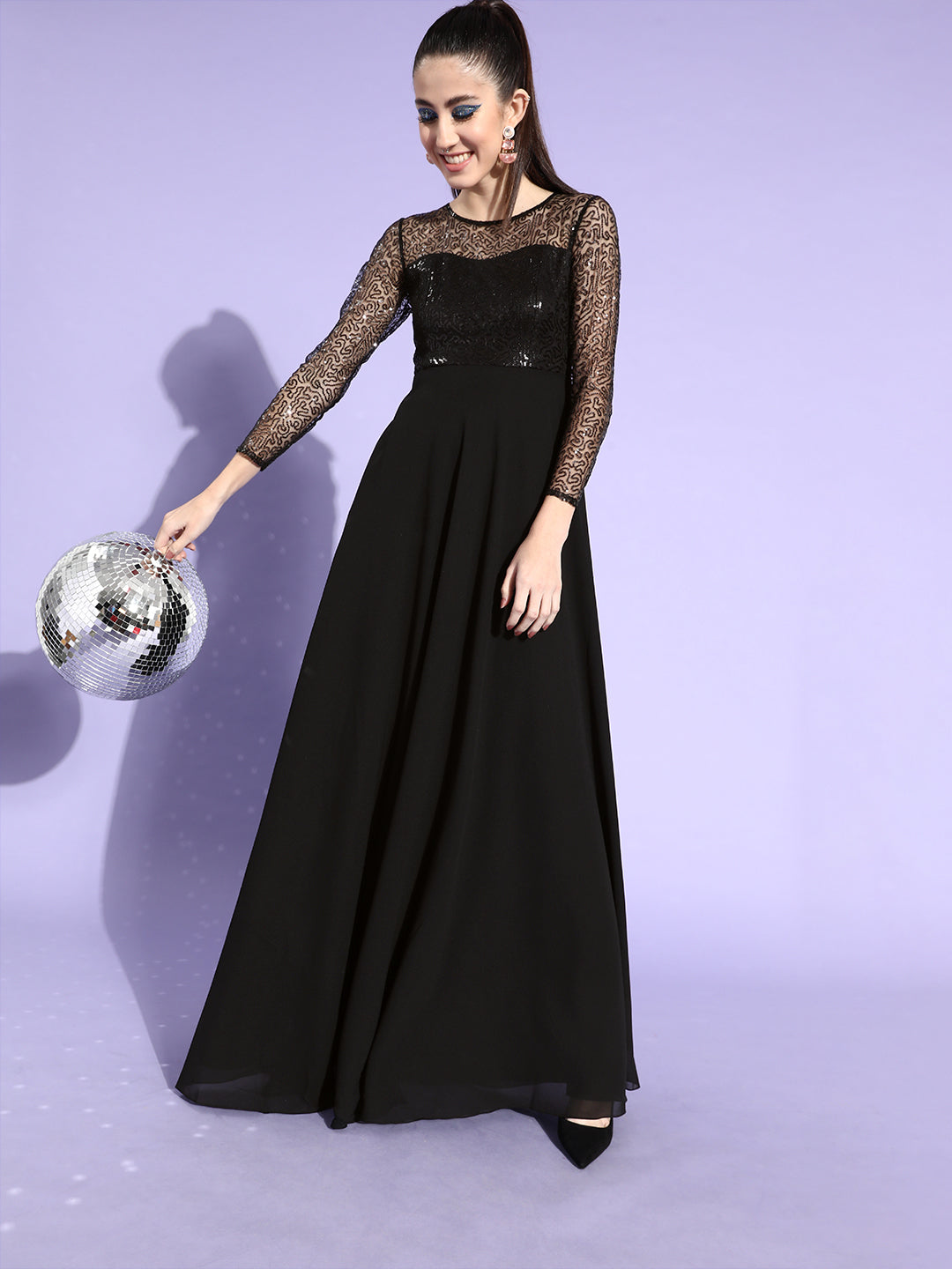 Women's Black Sequined Party Maxi Gown Dress