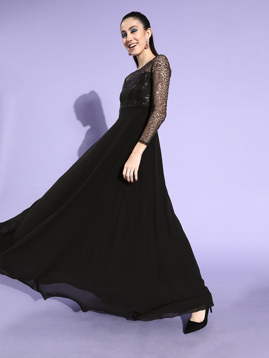 Women's Black Sequined Party Maxi Gown Dress