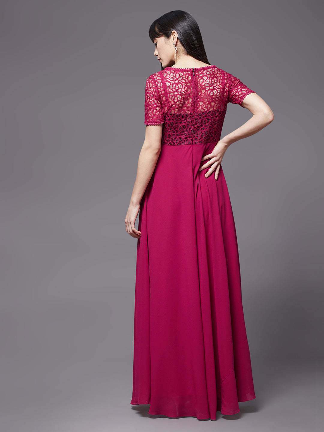 Dark Pink Short Sleeves Lace Fit and Flare Maxi Dress Long Dress Frock for Women