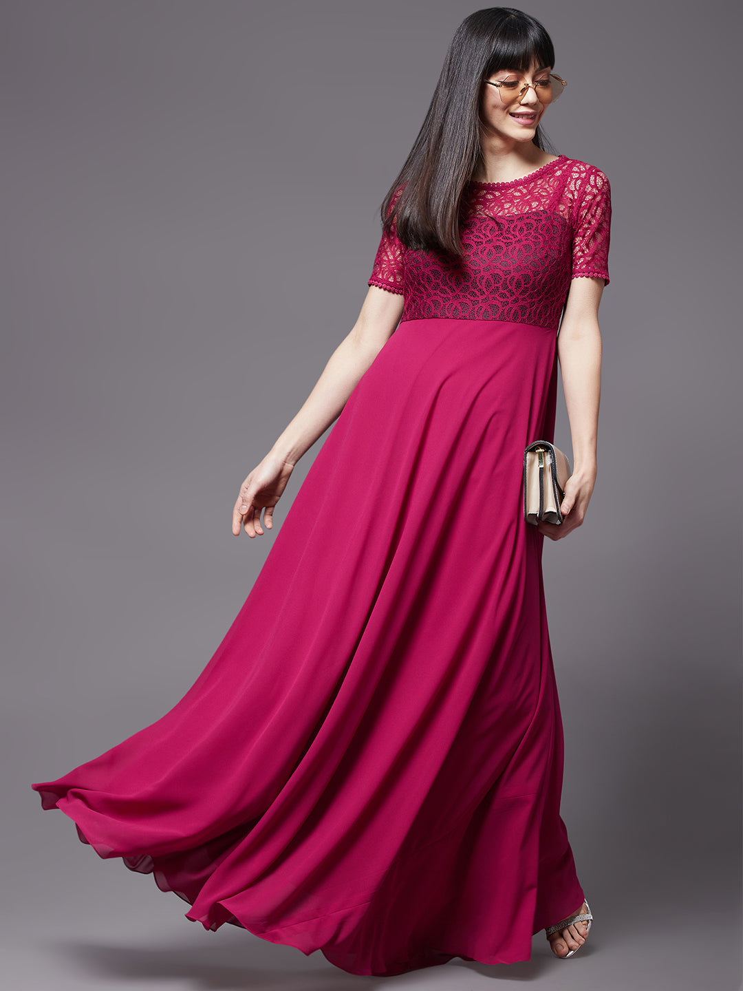 Dark Pink Short Sleeves Lace Fit and Flare Maxi Dress Long Dress Frock for Women