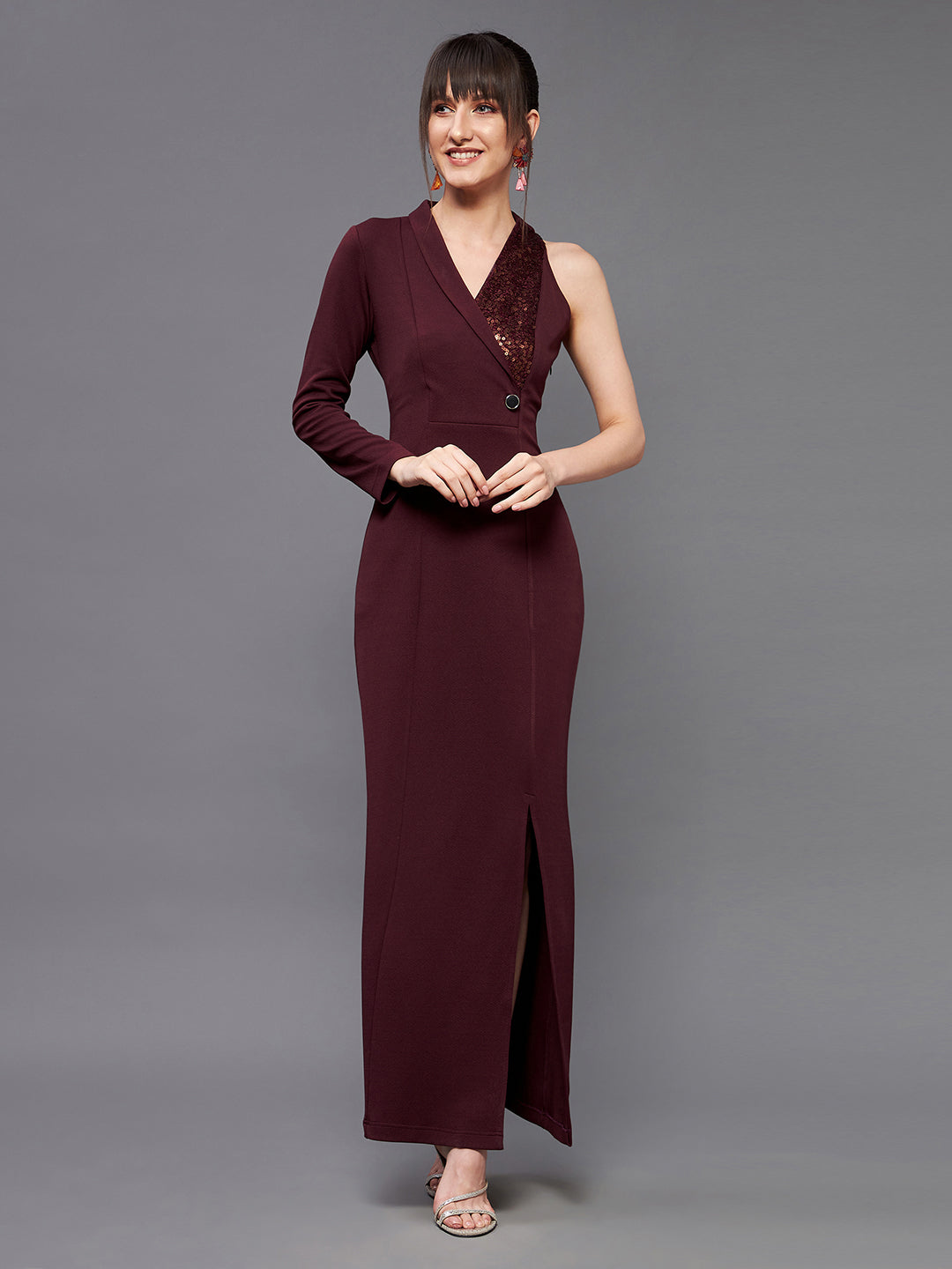 Women's Wine V Neck Asymmetric Sleeve Embellished Blazer Maxi Dress