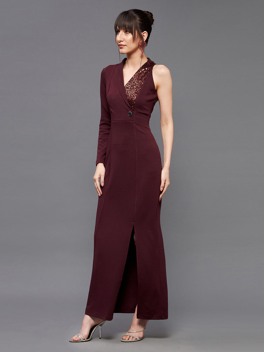 Wine Asymmetric Sequinned Blazer Maxi Dress Long Dress Frock