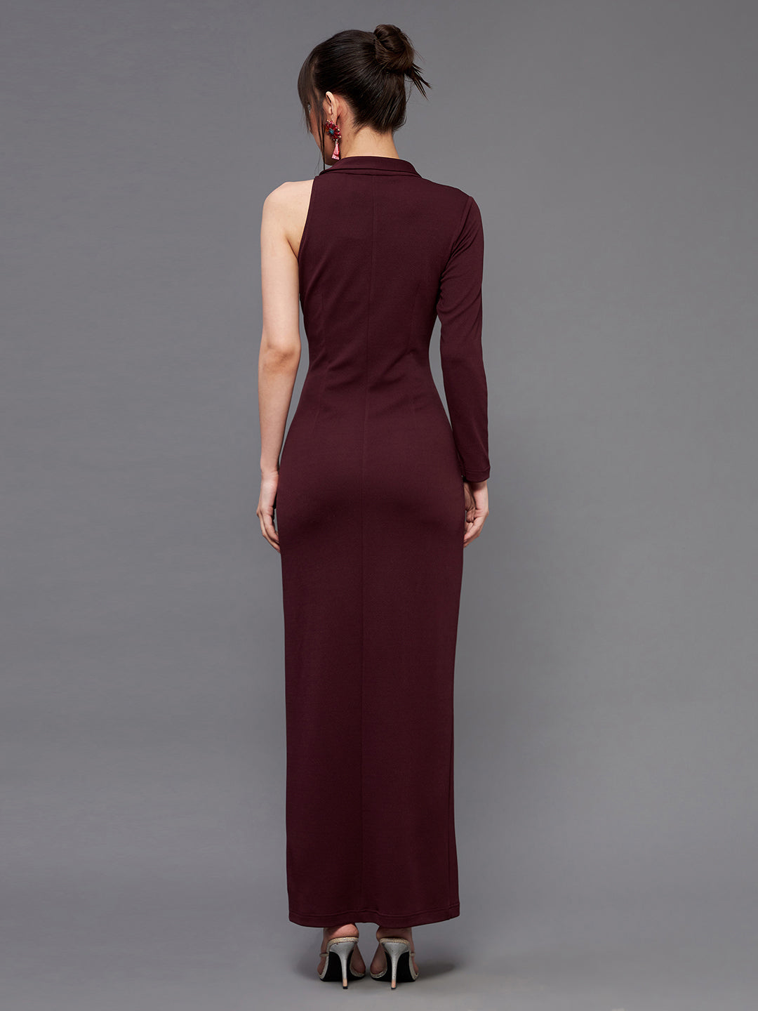 Women's Wine V Neck Asymmetric Sleeve Embellished Blazer Maxi Dress
