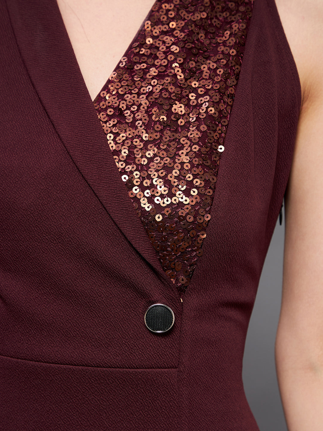 Crease Ease Women's Wine Asymmetric Sleeve Sequined Party Blazer Slit Maxi Dress