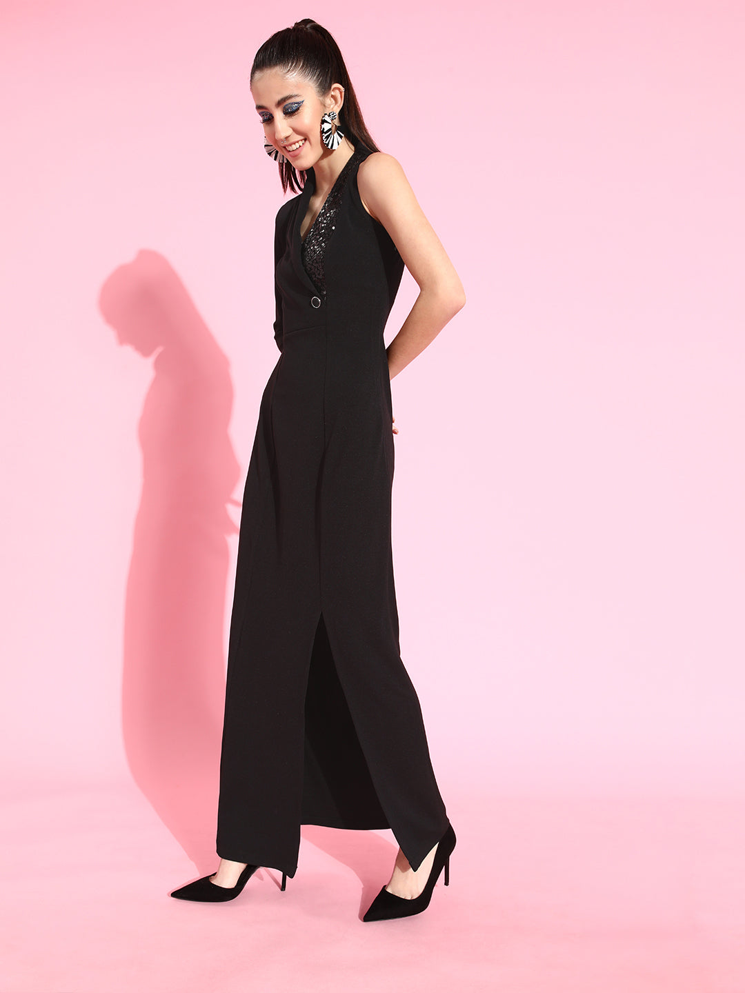 Black Asymmetric Sequinned Blazer Maxi Dress Long Dress Frock