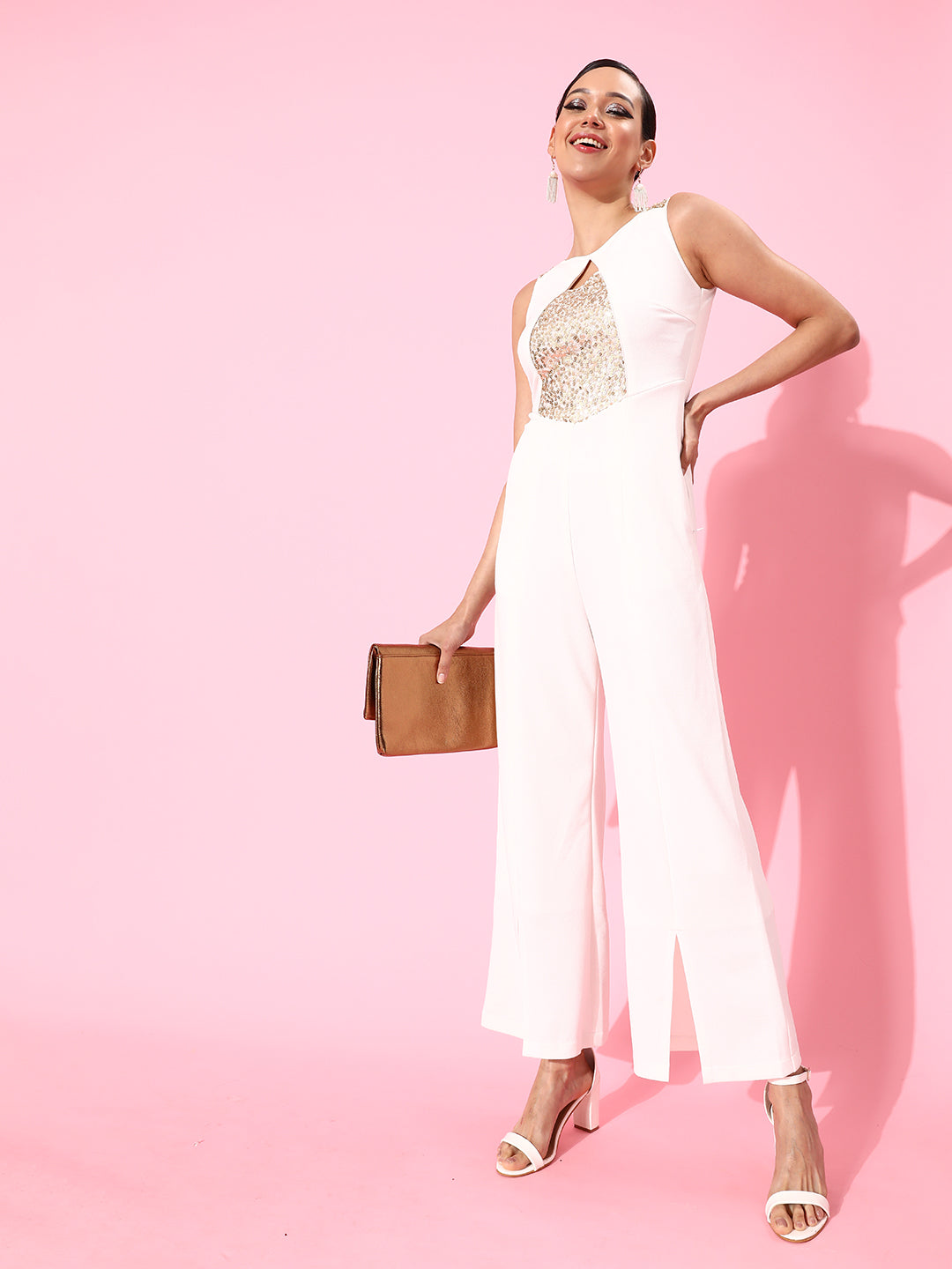 Crease Ease Women's Off-White Solid Regular Length V-Neck Sleeveless Sequin Panel Wide-Leg Embellished Jumpsuit