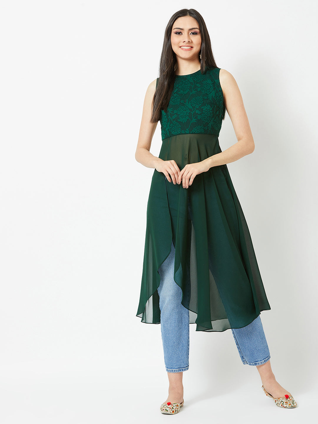 Women's Forest Green Round Neck Sleeveless Solid Lace Overlaid Maxi Top