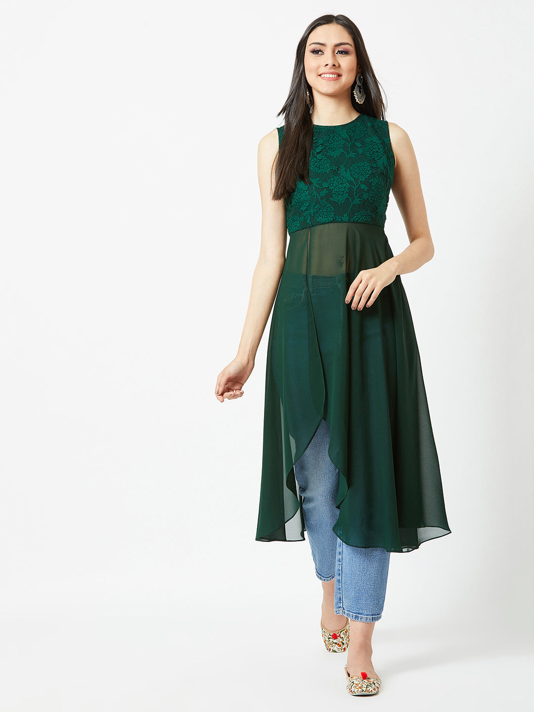 Women's Forest Green Round Neck Sleeveless Solid Lace Overlaid Maxi Top