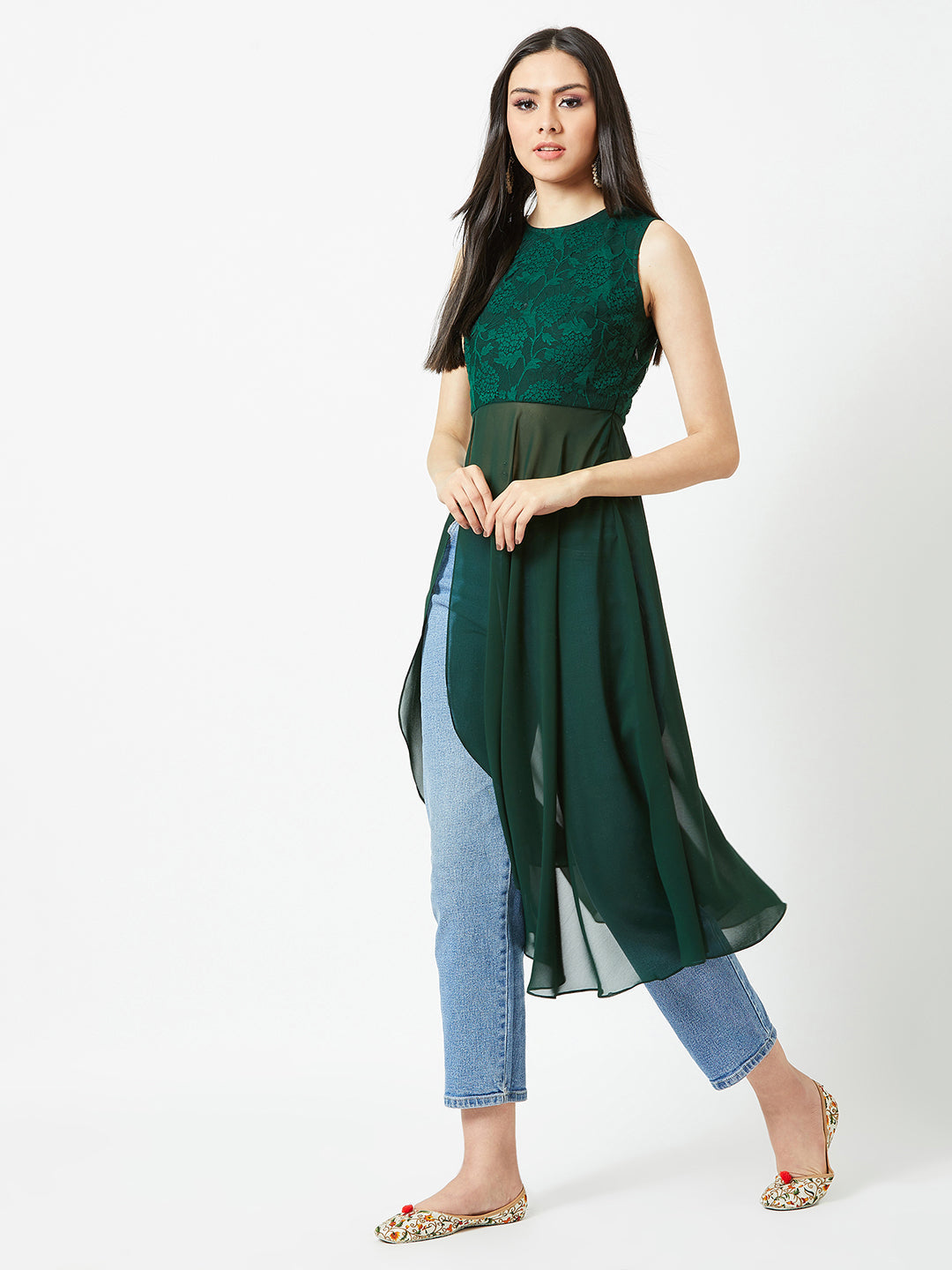 Women's Forest Green Round Neck Sleeveless Solid Lace Overlaid Maxi Top