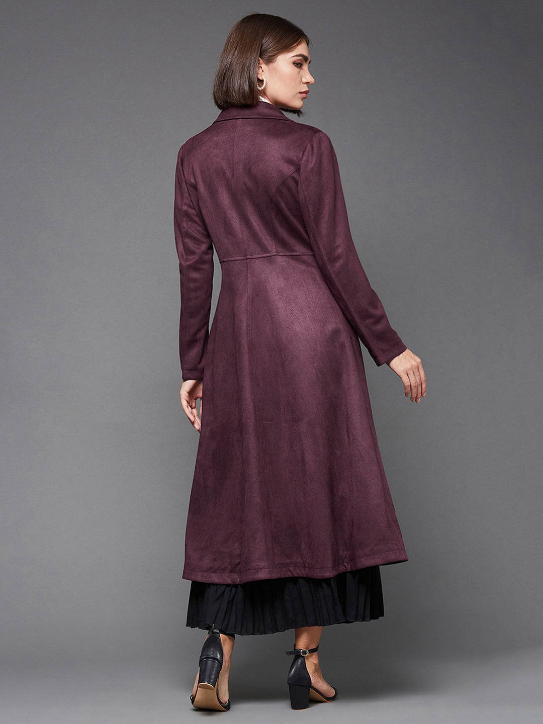 Women's Wine Solid V-Neck Full Sleeves Side Pocketed Polyester Double Breasted Longline Blazer Jacket