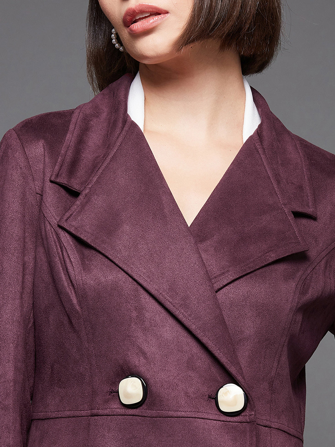 Women's Wine Solid V-Neck Full Sleeves Side Pocketed Polyester Double Breasted Longline Blazer Jacket