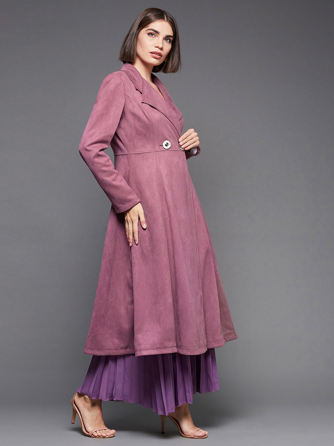 Women's Mauve Solid V-Neck Full Sleeves Side Pocketed Polyester Double Breasted Longline Blazer Jacket