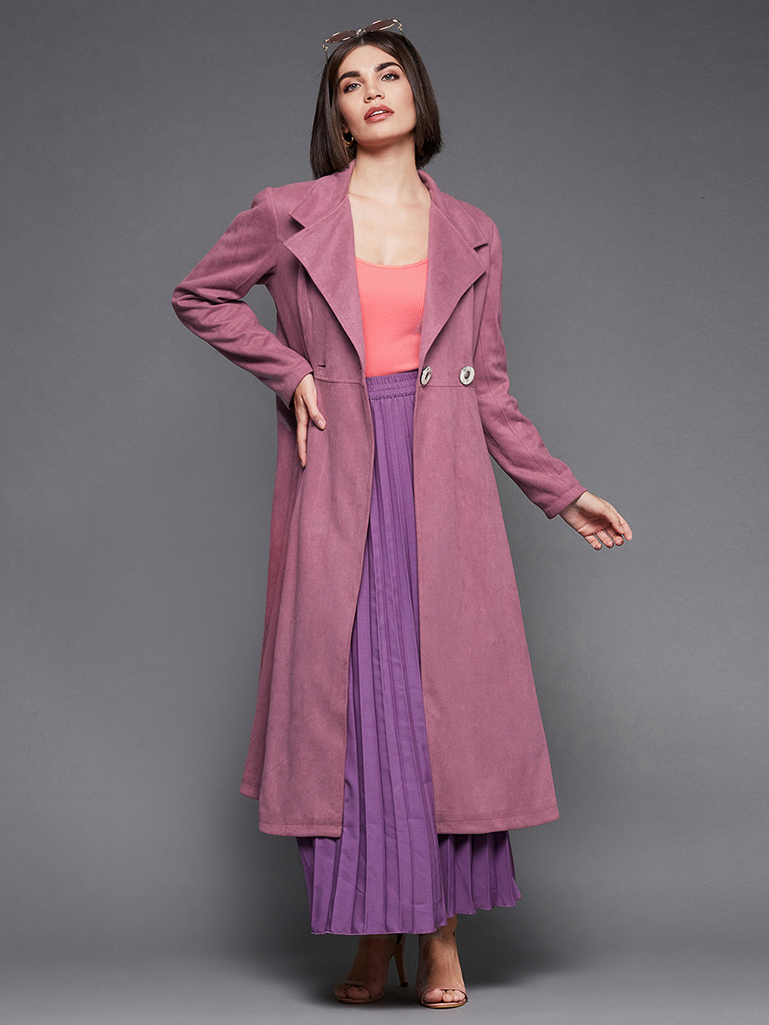 Women's Mauve Solid V-Neck Full Sleeves Side Pocketed Polyester Double Breasted Longline Blazer Jacket