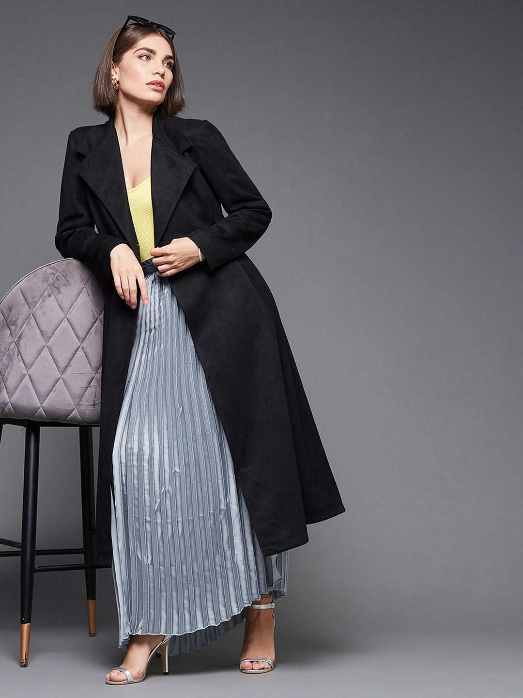 Women's Black Solid V-Neck Full Sleeves Side Pocketed Polyester Double Breasted Longline Blazer Jacket