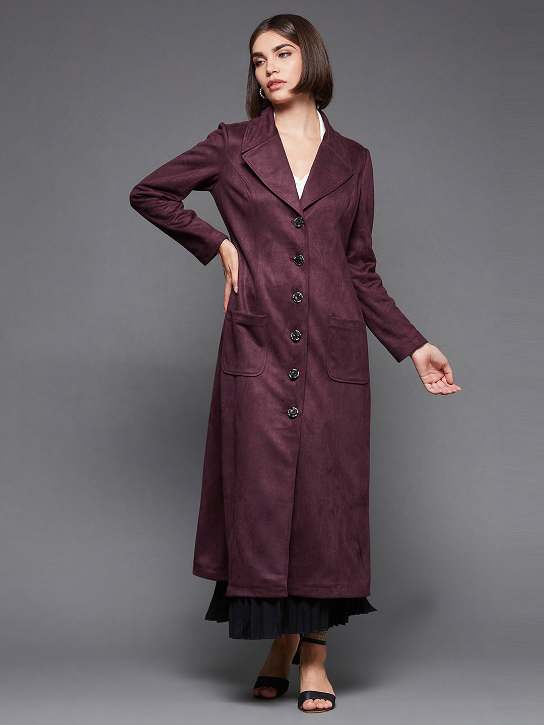 Women's Wine Solid V-Neck Full Sleeves Patched Pocketed Polyester Button Down Longline Winter Wear Blazer Jacket